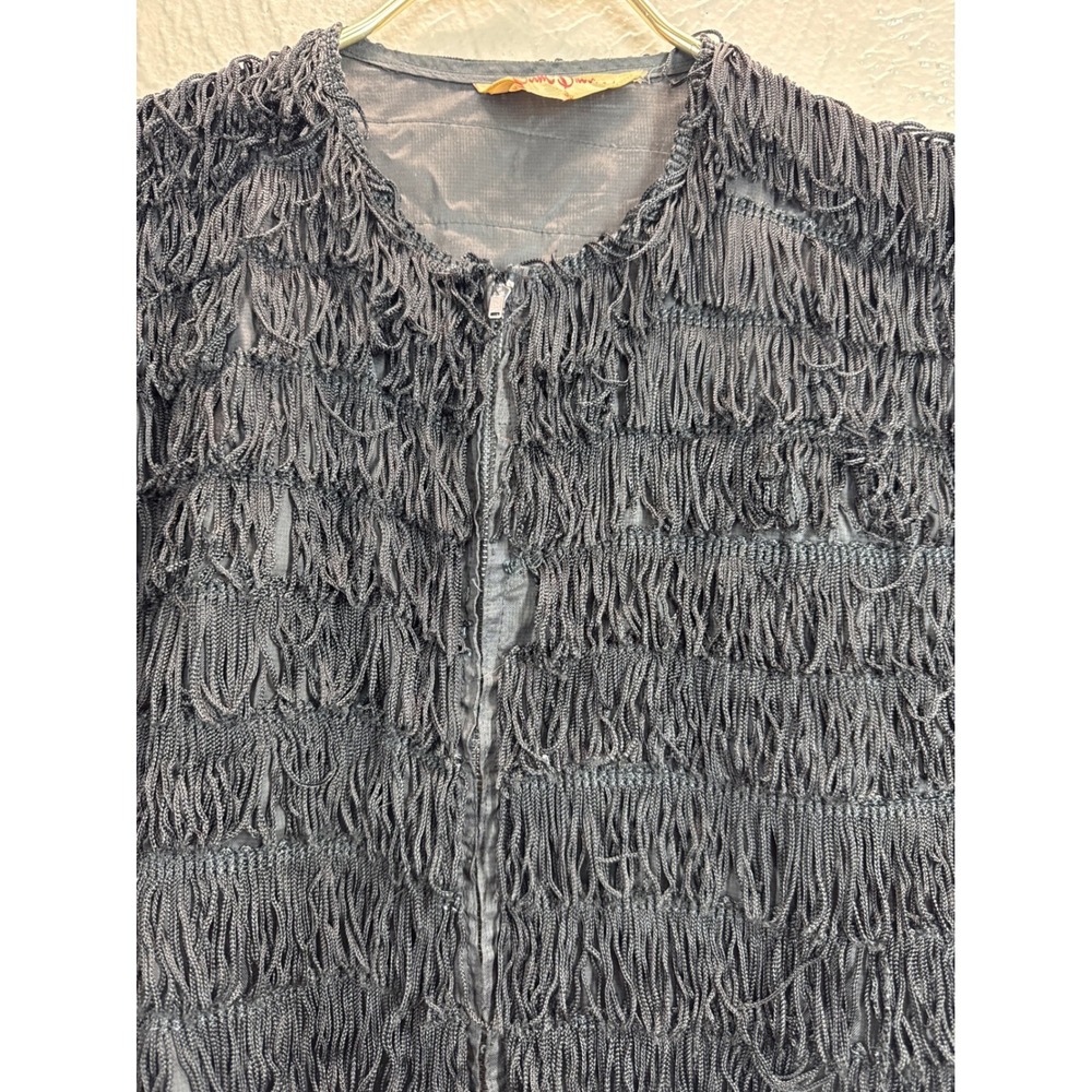 Sam Brooke Fringe Cropped Jacket Short Sleeve Black Zipper Front‎ Women